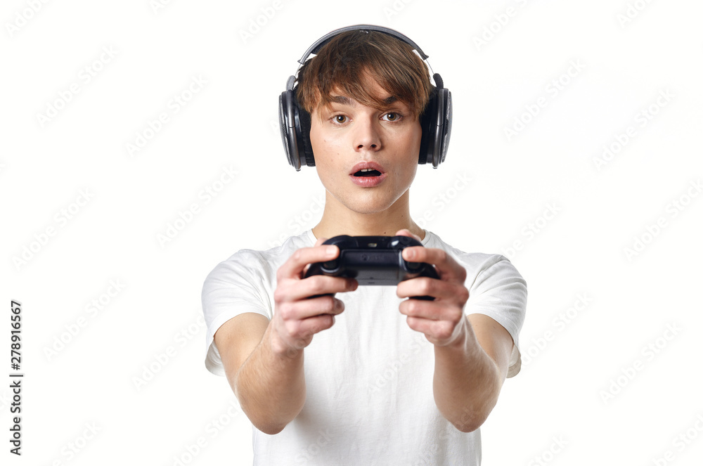 boy with joystick isolated on white boy with joystick isolated on white