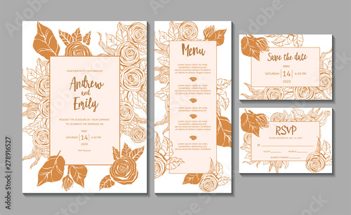 Vector template wedding card. Menu, RSVP, Save the Date card with hand drawn ...