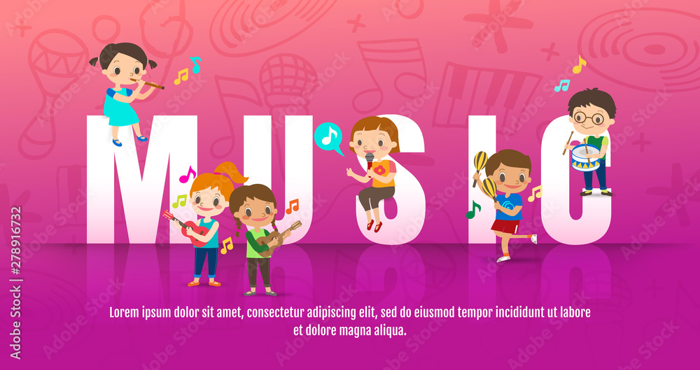 Children playing musical instruments. Music concept vector cartoon ...