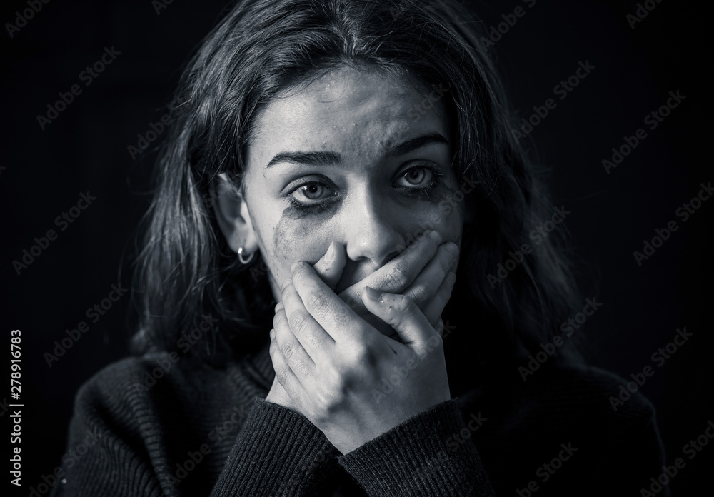 Portrait of young sad frightened girl suffering from bullying, c Portrait of young sad frightened girl suffering from bullying, c