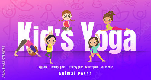 Young kids in different yoga poses, Children doing yoga with animal posture. Vector cartoon illustration.