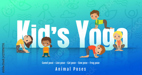 Young kids in different yoga poses, Children doing yoga with animal posture. Vector cartoon illustration.