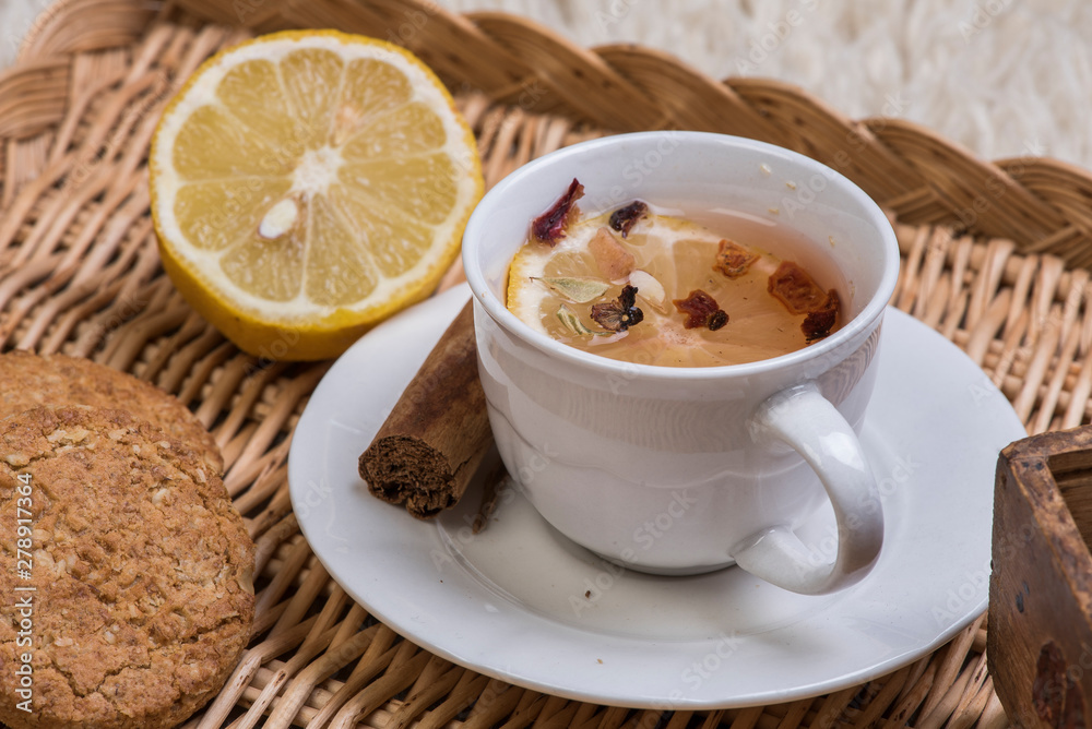 cup of tea with lemon and cookies cup of tea with lemon and cookies