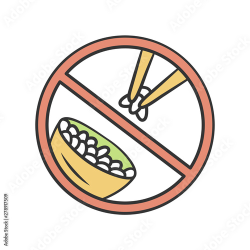 No rice diet color icon. No carbs dish label. Low calories food sticker. Weight loss and healthy eating. Asian traditional cuisine. Bowl with meal and chopsticks isolated vector illustration