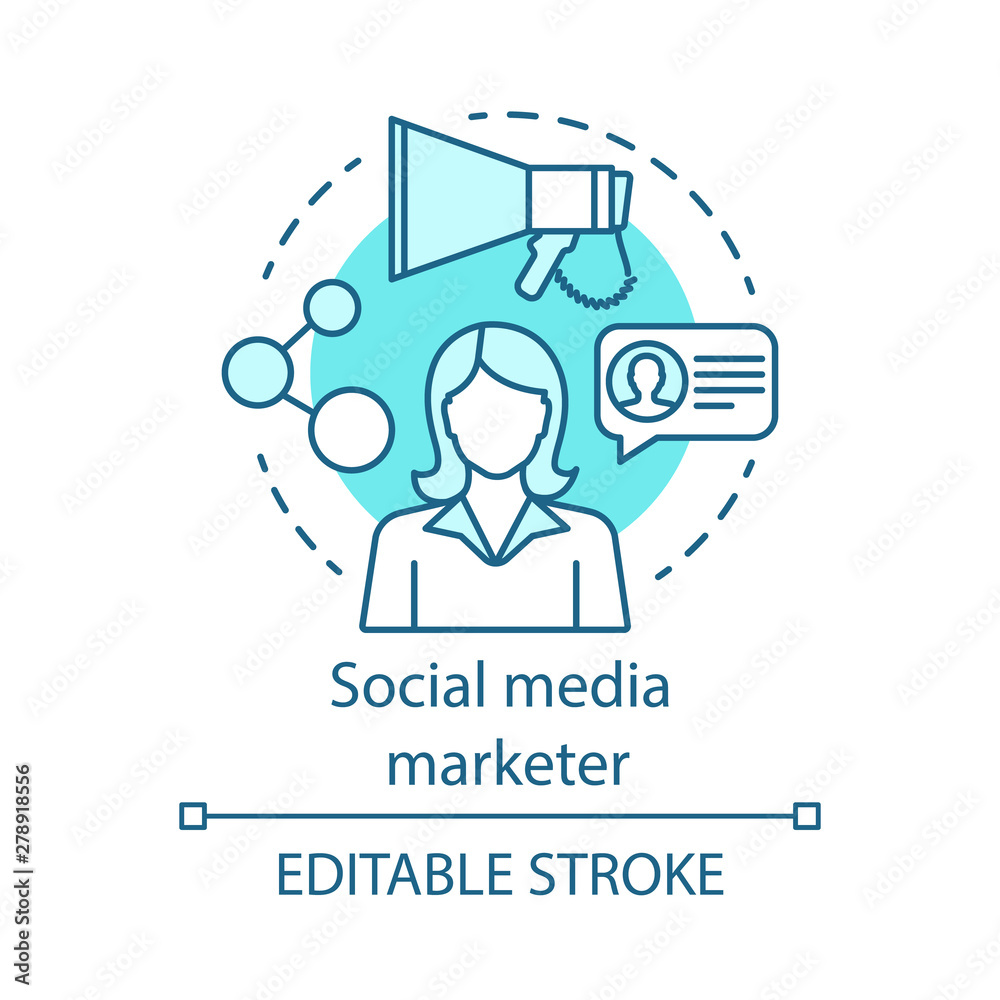 Social media blue marketer concept icon. Digital marketing specialty idea thin line illustration. Content creating and sharing. Media network, blogger. Vector isolated outline drawing. Editable stroke Social media blue marketer concept icon. Digital marketing specialty idea thin line illustration. Content creating and sharing. Media network, blogger. Vector isolated outline drawing. Editable stroke