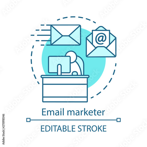 Email marketer blue concept icon. Managing email databases idea thin line illustration. Newsletters creater, mass mailing. Digital marketing specialty. Vector isolated outline drawing. Editable stroke