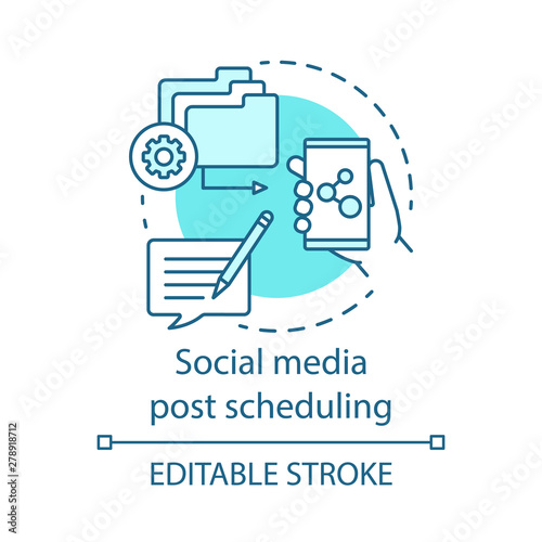 Social media post scheduling blue concept icon. Social management platform idea thin line illustration. Digital marketing automation tool. Vector isolated outline drawing. Editable stroke