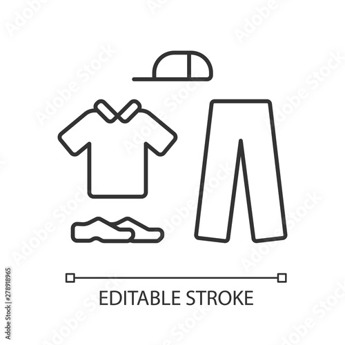 Cricket uniform linear icon. Sport flannels. Sportswear. Collared shirt, long trousers, cap, shoes. Man outfit. Thin line illustration. Contour symbol. Vector isolated outline drawing. Editable stroke
