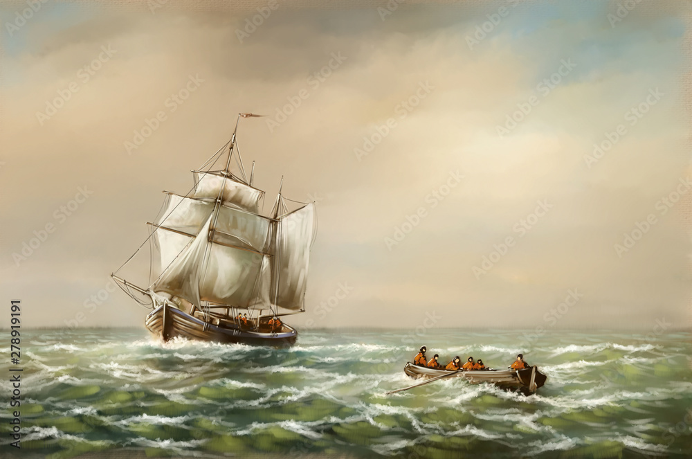 Ταπετσαρία Oil paintings landscape, fine art, fishermen, old ship in the sea