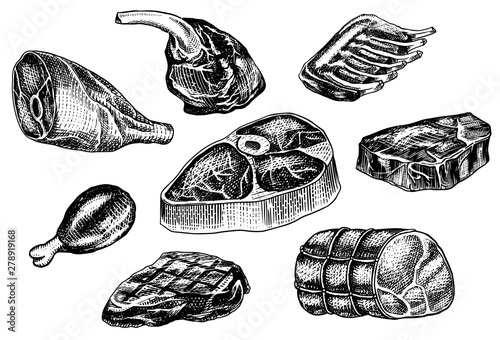 Beef meat, pork steak, chicken leg, meatloaf, bacon and ribs. Barbecue food in vintage style. Templates for restaurant menu, emblems or badges. Hand drawn sketch.