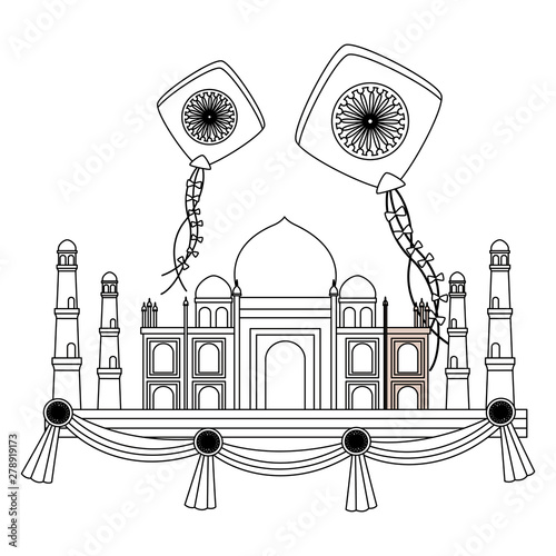 taj mahal indian mosque with kites flying