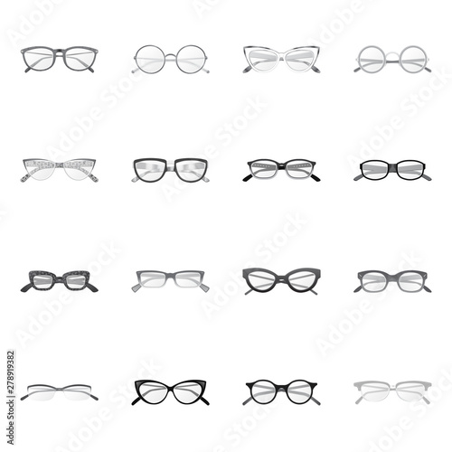Vector illustration of glasses and frame logo. Set of glasses and accessory vector icon for stock.