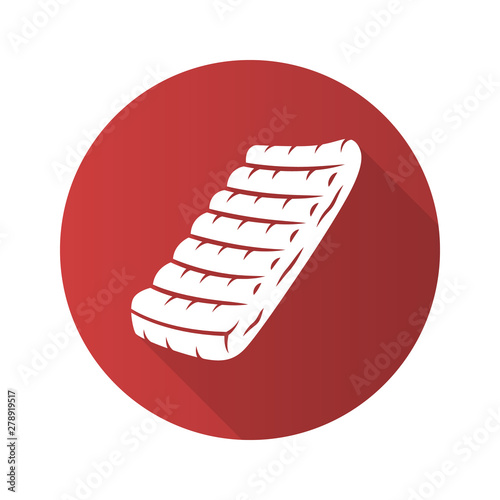Ribs flat design long shadow glyph icon. Butchers meat. Meat production and sale. Ingredient for lunch and barbecue. Protein source. Butchery business. Vector silhouette illustration