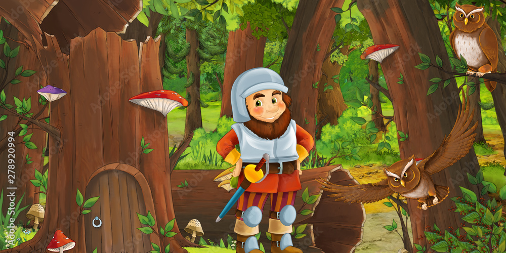 cartoon scene with happy dwarf in the forest near some house in the old tree and near some owls birds - illustration for children cartoon scene with happy dwarf in the forest near some house in the old tree and near some owls birds - illustration for children