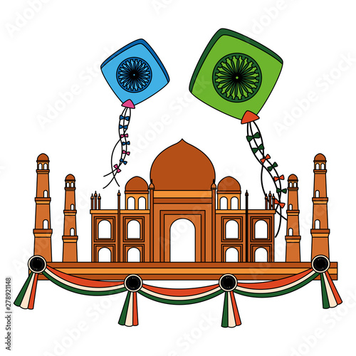 taj mahal indian mosque with kites flying