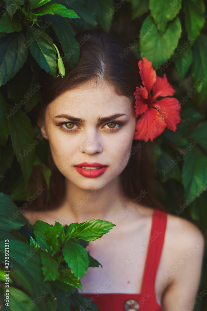 beautiful woman green leaves nature park