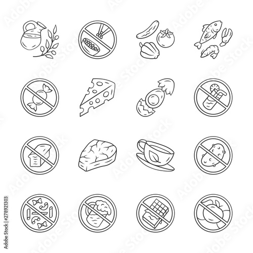 Keto diet linear icons set. Low carbs and high protein products. Thin line contour symbols. Alcohol, sugar free food. Fish, veggies, herbal drink isolated vector outline illustrations. Editable stroke