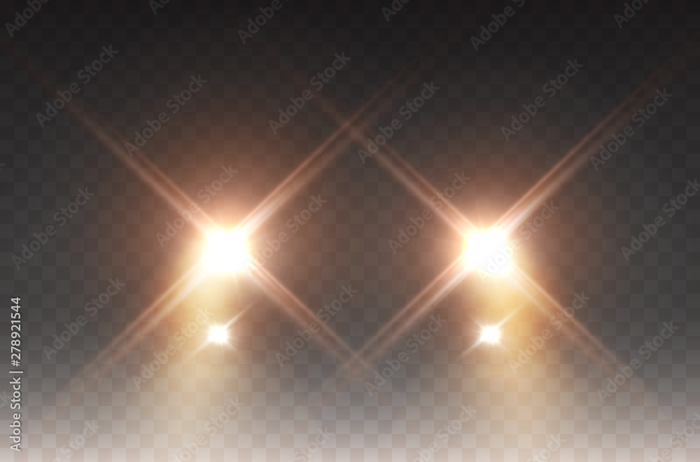Cars headlight effect. Realistic yellow round flares beams isolated on transparent background. Vector bright train lights for your design. - obrazy, fototapety, plakaty 