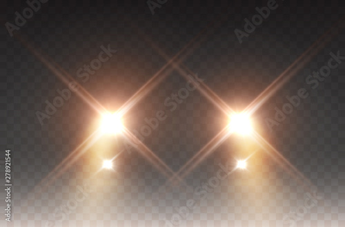 Cars headlight effect. Realistic yellow round flares beams isolated on transparent background. Vector bright train lights for your design.