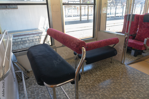 Interior of East Japan Railway Gono line Resort Shirakami sightseeing train in Akita station. the train rides from Akita to Aomori, operated by the East JR company photo