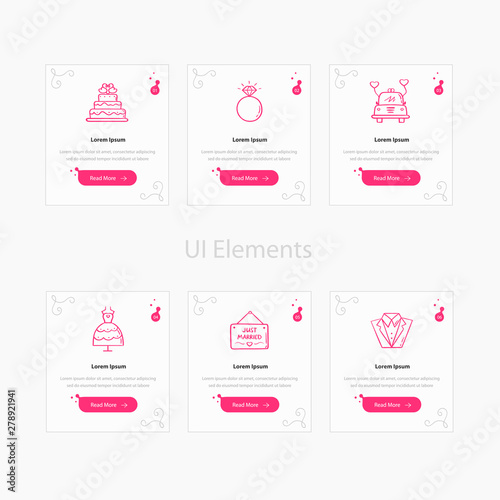 Wedding web cards template with text and icon. Website and application cards design templates collection. Ui elements