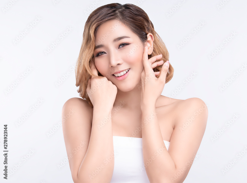 Beauty Young asian woman with perfect facial skin. Gestures for advertisement treatment spa and cosmetology. Beauty Young asian woman with perfect facial skin. Gestures for advertisement treatment spa and cosmetology.
