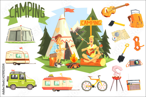 Two Guys Enjoying Camping In Forest Surrounded By Related Objects Icons