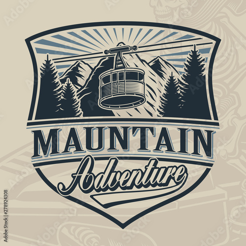 Vintage vector design of a ski lift with mountains