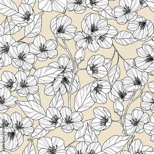 Seamless pattern of jasmine flowers and leaves, vector
