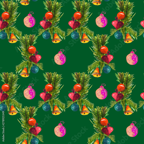 Seamless Christmas pattern, watercolor drawings and hand painted in a bright Christmas color palette. Birds, snowman, sleigh with gifts, pine branches, bells, bows, Christmas toys, balls, hearts, Rowa