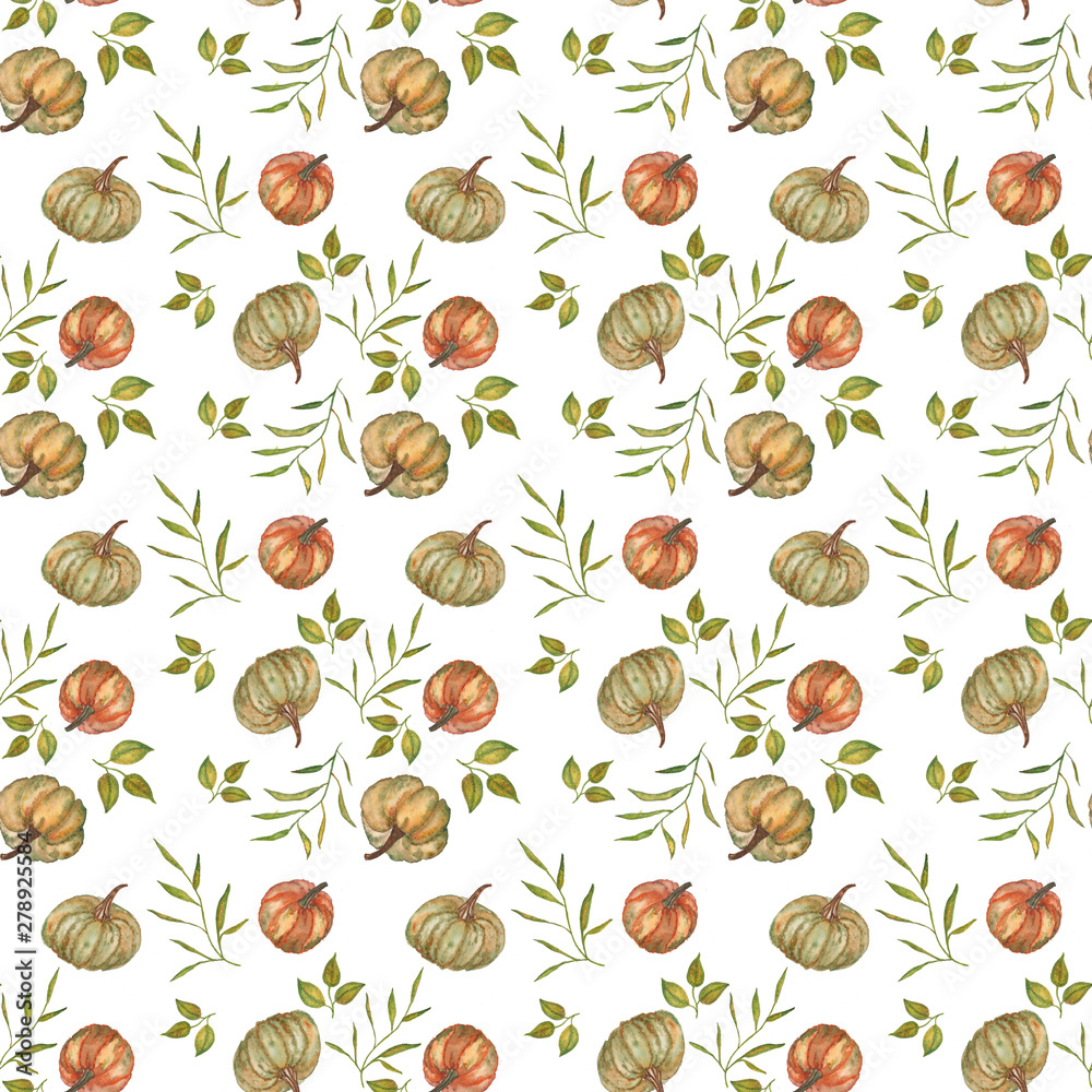 Watercolor pumpkins seamless pattern on white fone. Hand draw illustration. Perfect for craft projects, paper products, party decorations, printable, greetings cards, posters, the invitations.