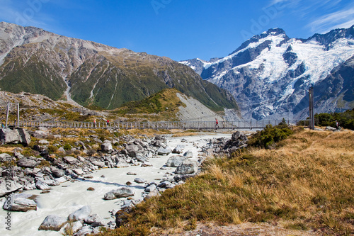 The first Hooker Valley bridge on the spectacular Hooker Valley Walking Track in New Zealand's Aoraki/Mount Cook National Park.