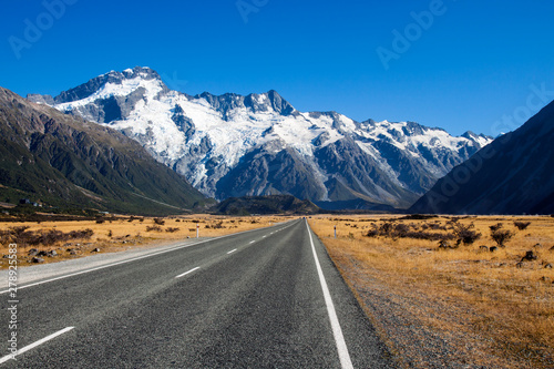 The main tourist road into the Tasman Valley and the famous Aoraki/Mount Cook National Park in New Zealand.