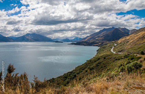 Stormy clouds over Lake Wakatipu in New Zealand looking towards the top of the lake at Glenorchy.