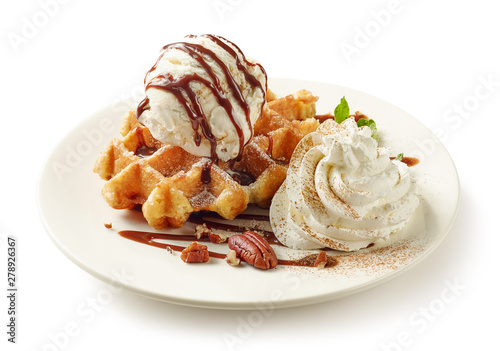 belgian waffle with cream and ice cream photo