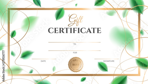 Gift certificate vector template design. Abstract creative spring layout with green leaves and golden color rich elegant decoration