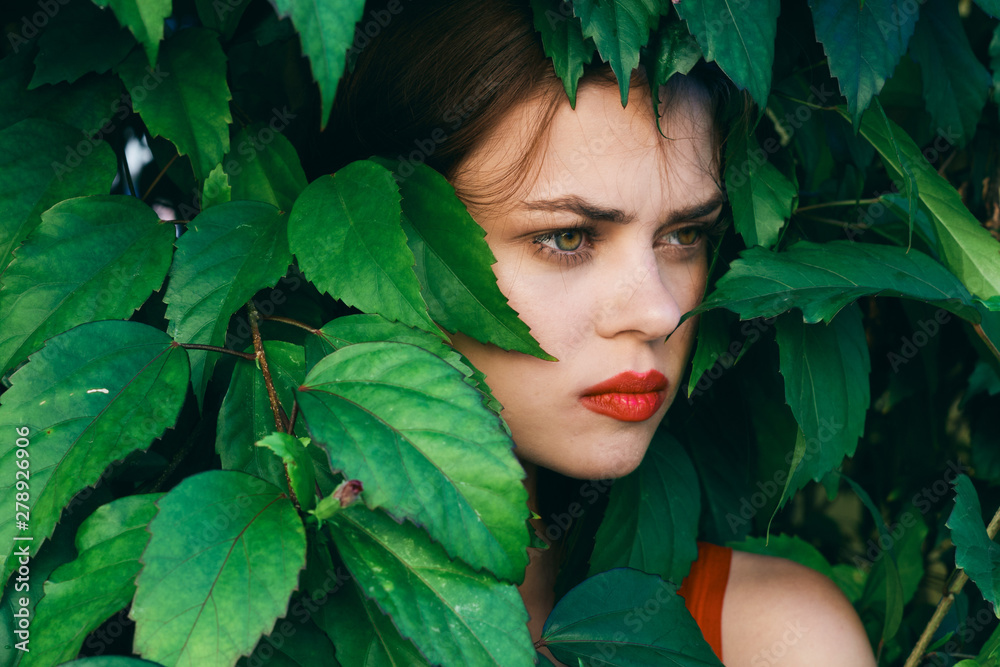 beautiful woman green leaves nature park beautiful woman green leaves nature park