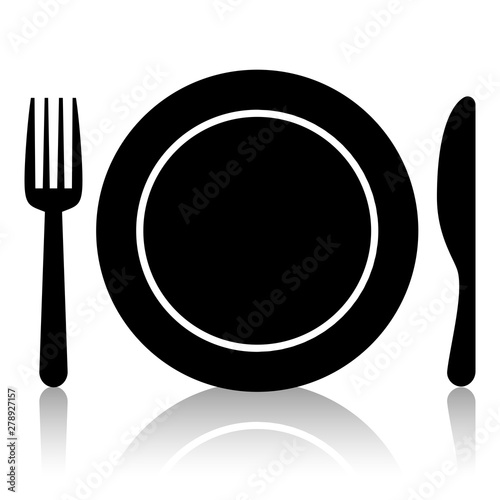 Icon of a plate, fork and knife with a mirror shadow