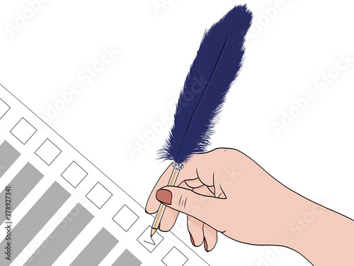 A hand with a pen puts a tick in the form, newsletters. Give voice. Cartoon flat vector