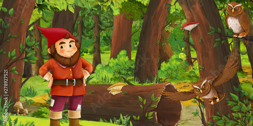 Fototapeta Naklejka Na Ścianę i Meble -  cartoon scene with happy dwarf in the forest near some owls birds - illustration for children