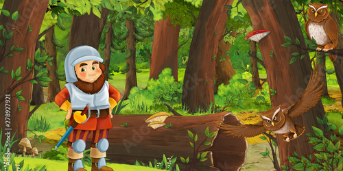 cartoon scene with happy dwarf in the forest - illustration for children