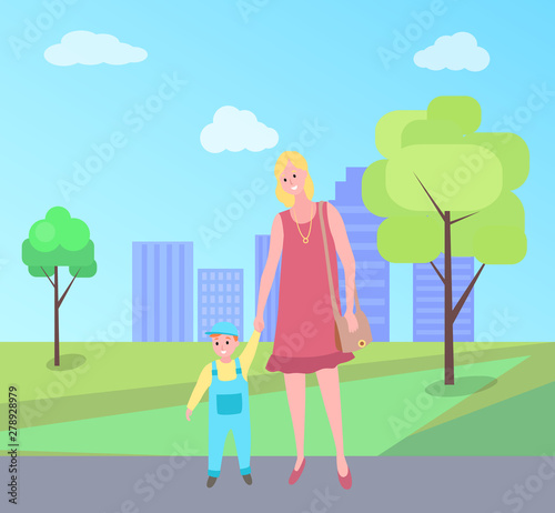 Mother and kid walking vector, woman teaching son to walk in city park with buildings. Mom and small child, person with handbag and kiddo wearing bodysuit