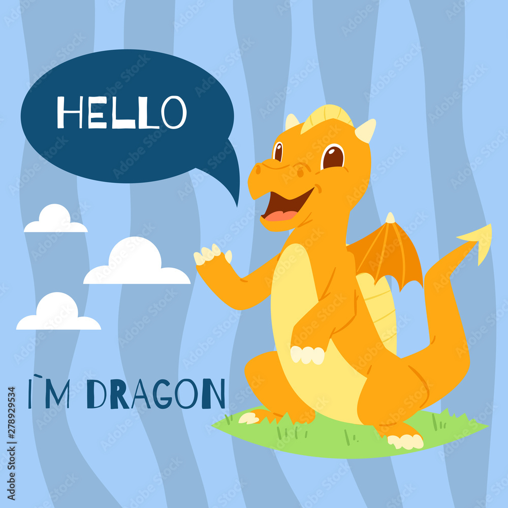 Fototapeta premium Baby dragon with text hello banner vector illustration. Cartoon funny character with wings. Fairy dinosaurs greeting, invitation card. Magical standing on grass with clouds back.