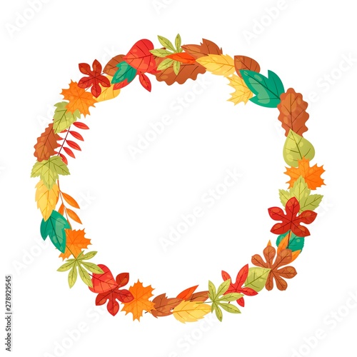 Autumn leaves banner background vector illustration. Green, red, orange, brown and yellow falling leaves. Colorful maple, chestnut and oak foliage. October, november seasons.