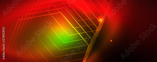 Techno glowing background, futuristic dark template with neon light effects and simple forms, vector