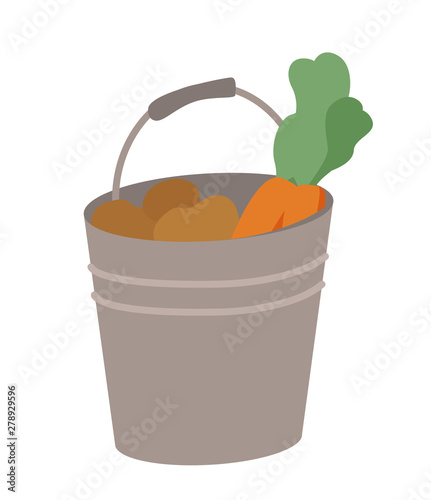 Potato and carrot in bucket, farm symbol, vegetables in metal pail, vitamin and summer object, gathered harvest in flat design style, eating vector