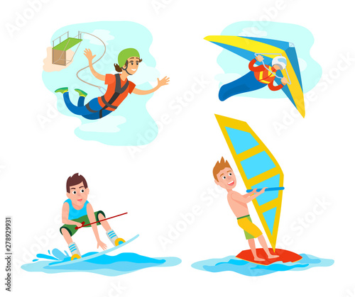 Hang gliding and windsurfing vector, set of people with hobbies, woman with rope jumping from bridge, bungee jump, skydiving and water sports summer