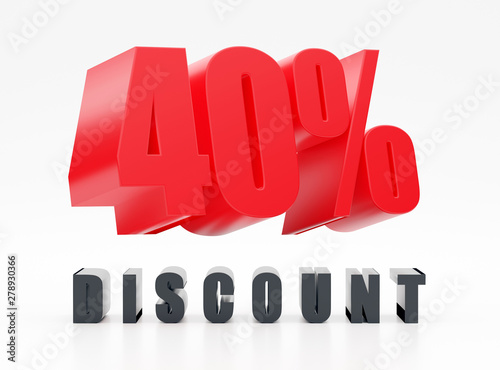 40% discount, red glossy symbol on white background 3D render