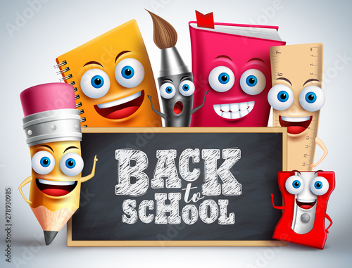 Back to school education items vector characters. School mascots like pencil, pain brush, notebook and ruler happy teaching the kids with blackboard. Vector illustration.