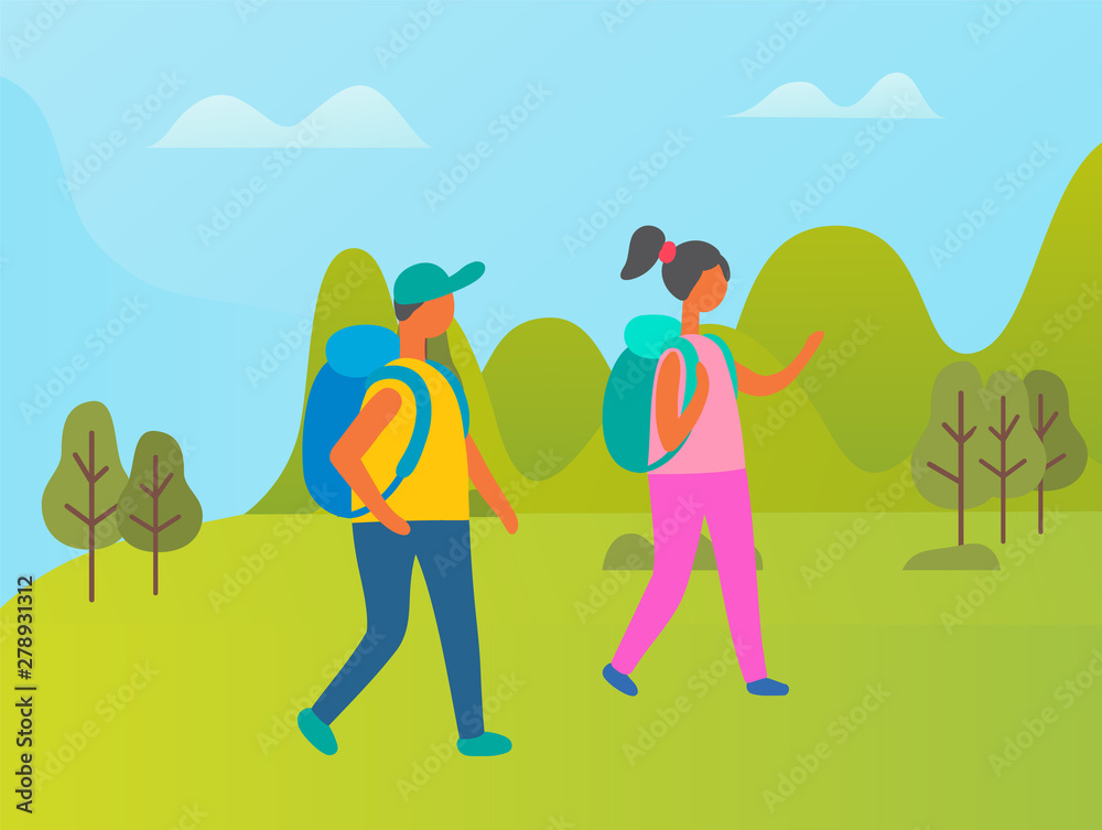 Man and woman walking with backpacks vector, couple of backpackers traveling. Spring summer park with trees and bushes, adventures of people vacation Man and woman walking with backpacks vector, couple of backpackers traveling. Spring summer park with trees and bushes, adventures of people vacation